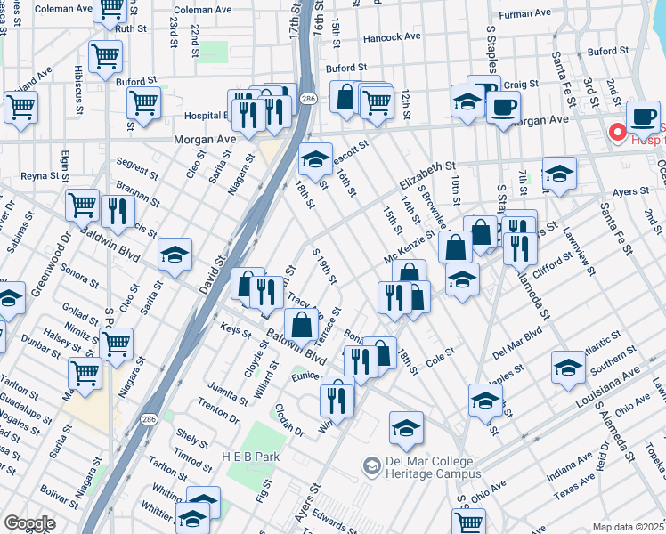 map of restaurants, bars, coffee shops, grocery stores, and more near 2402 Cloyde Street in Corpus Christi