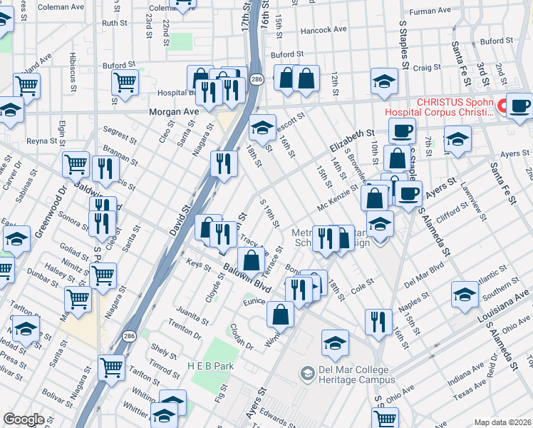 map of restaurants, bars, coffee shops, grocery stores, and more near 2402 Cloyde Street in Corpus Christi