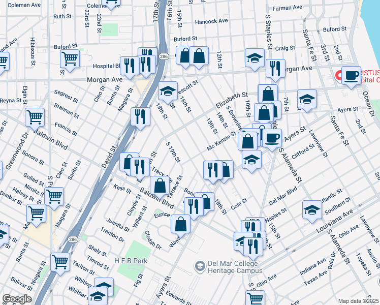 map of restaurants, bars, coffee shops, grocery stores, and more near 1552 18th Street in Corpus Christi
