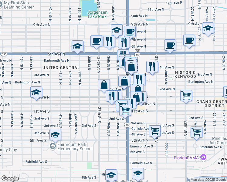 map of restaurants, bars, coffee shops, grocery stores, and more near 3526 2nd Avenue North in St. Petersburg