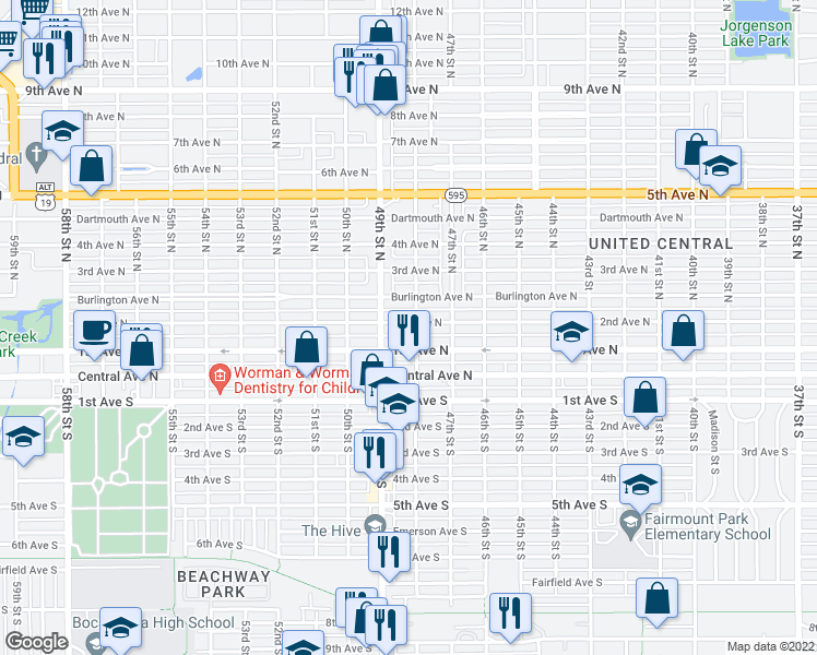 map of restaurants, bars, coffee shops, grocery stores, and more near 125 49th Street South in St. Petersburg