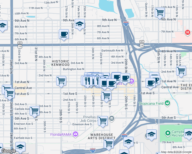 map of restaurants, bars, coffee shops, grocery stores, and more near 2326 2nd Avenue North in St. Petersburg