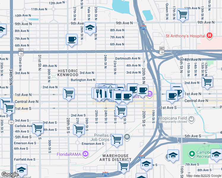 map of restaurants, bars, coffee shops, grocery stores, and more near 2326 2nd Ave N in St Petersburg