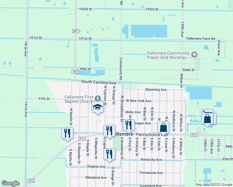 map of restaurants, bars, coffee shops, grocery stores, and more near 123 North Orange Street in Fellsmere