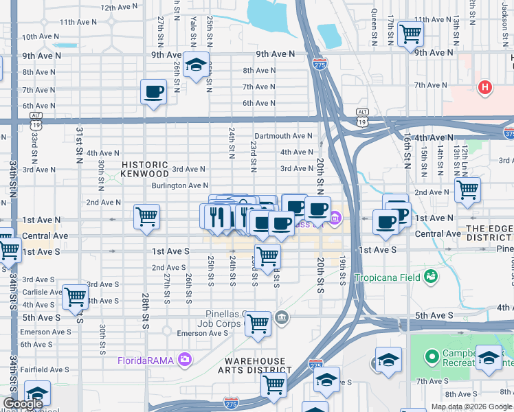 map of restaurants, bars, coffee shops, grocery stores, and more near 2326 2nd Avenue North in St. Petersburg