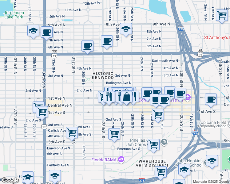 map of restaurants, bars, coffee shops, grocery stores, and more near 2650 2nd Avenue North in Saint Petersburg