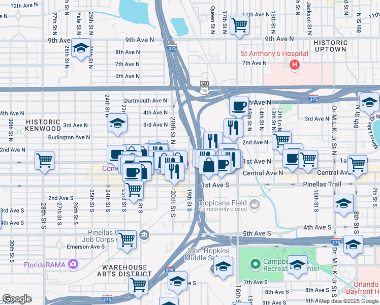 map of restaurants, bars, coffee shops, grocery stores, and more near 129 19th Street North in St. Petersburg