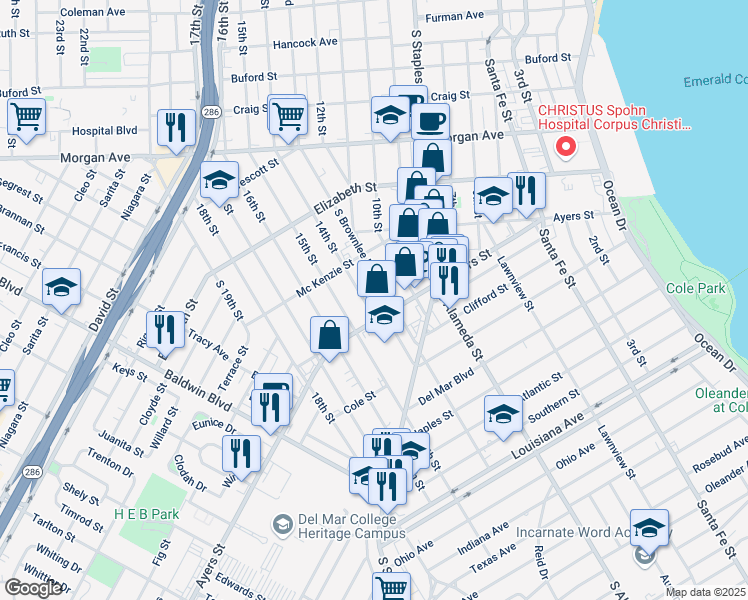 map of restaurants, bars, coffee shops, grocery stores, and more near 1634 14th Street in Corpus Christi