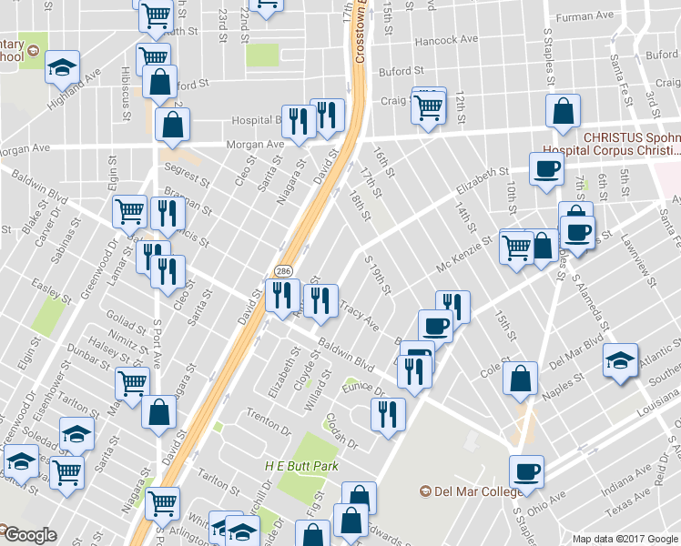 map of restaurants, bars, coffee shops, grocery stores, and more near 2421 Elizabeth Street in Corpus Christi