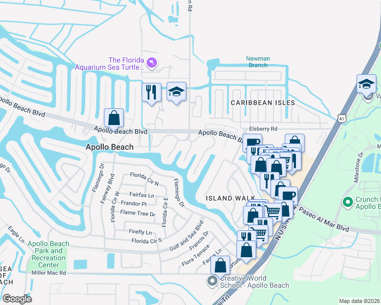 map of restaurants, bars, coffee shops, grocery stores, and more near 6417 Key Island Boulevard in Apollo Beach