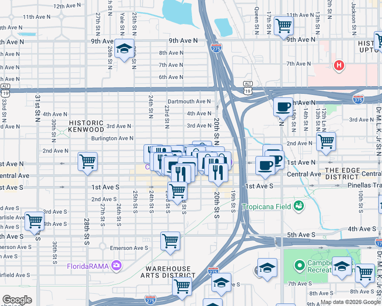 map of restaurants, bars, coffee shops, grocery stores, and more near 2101 1st Avenue South in St. Petersburg