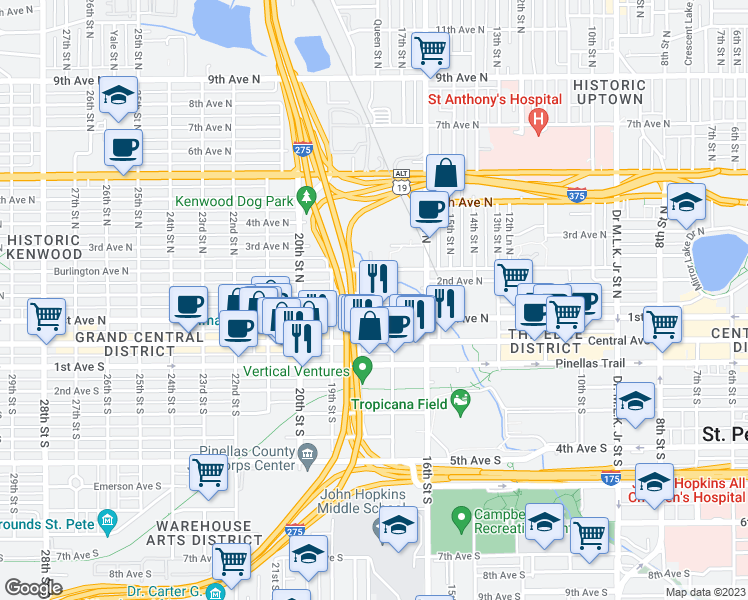 map of restaurants, bars, coffee shops, grocery stores, and more near 1740 2nd Avenue North in St. Petersburg