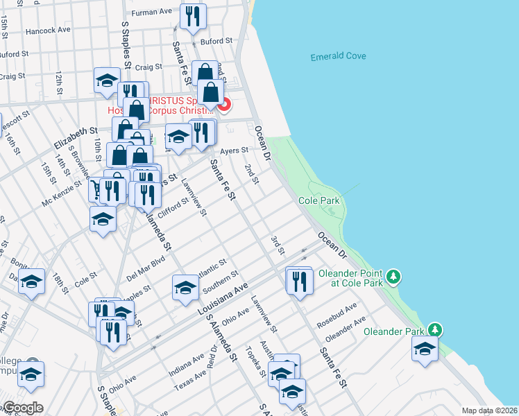 map of restaurants, bars, coffee shops, grocery stores, and more near 145 Del Mar Boulevard in Corpus Christi