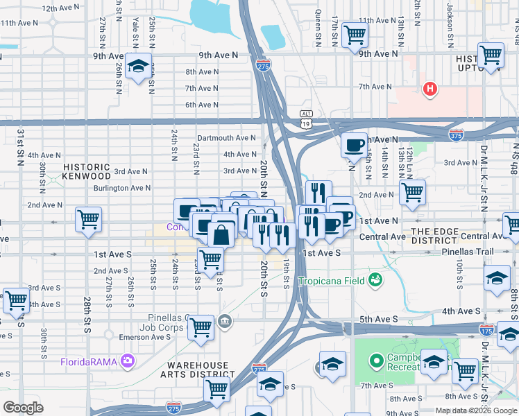 map of restaurants, bars, coffee shops, grocery stores, and more near 125 28th Street North in St. Petersburg