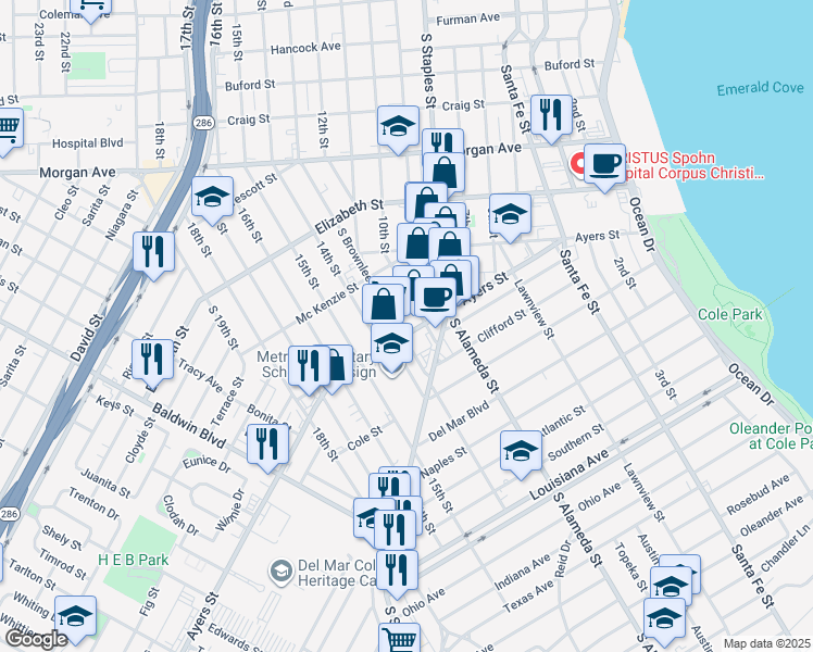 map of restaurants, bars, coffee shops, grocery stores, and more near 1320 Ayers Street in Corpus Christi