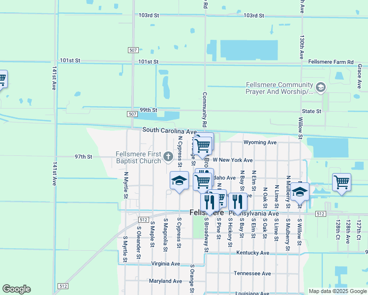 map of restaurants, bars, coffee shops, grocery stores, and more near 123 North Orange Street in Fellsmere