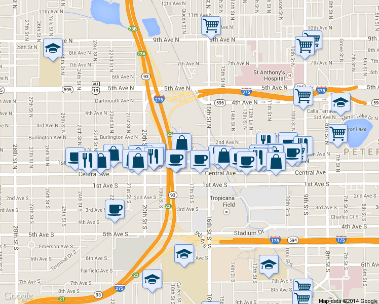 map of restaurants, bars, coffee shops, grocery stores, and more near 1659 1st Avenue South in St. Petersburg