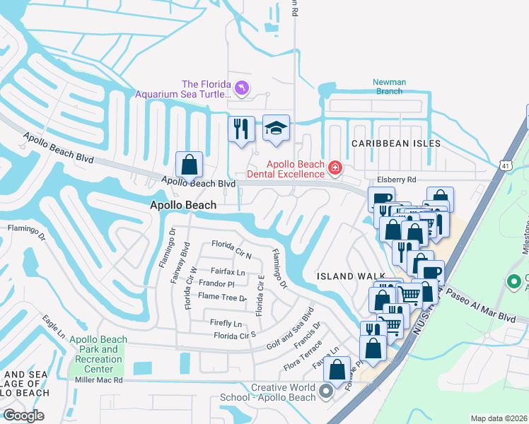 map of restaurants, bars, coffee shops, grocery stores, and more near 6412 Grenada Island Avenue in Apollo Beach