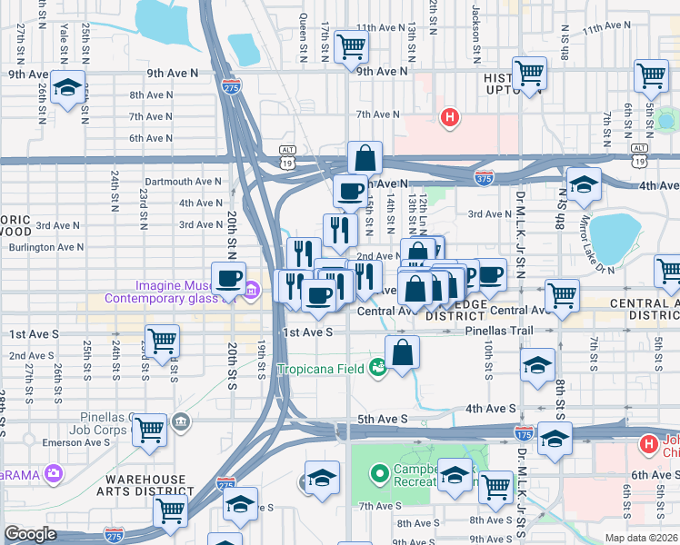 map of restaurants, bars, coffee shops, grocery stores, and more near 105 16th Street North in St. Petersburg