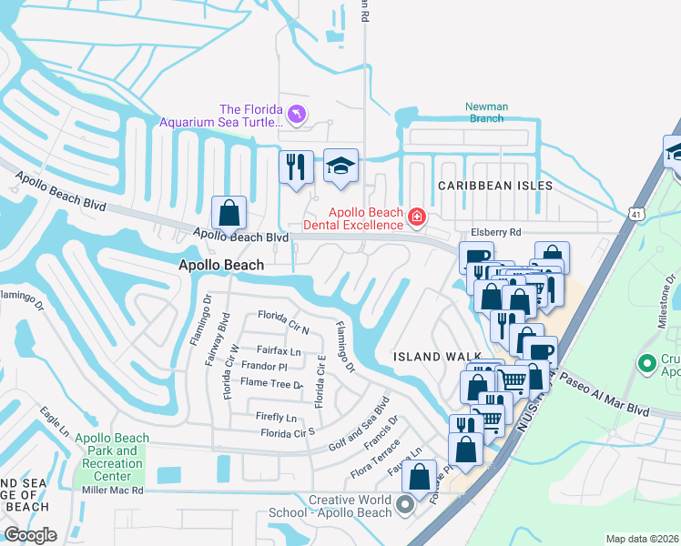 map of restaurants, bars, coffee shops, grocery stores, and more near 6412 Grenada Island Avenue in Apollo Beach