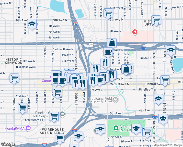 map of restaurants, bars, coffee shops, grocery stores, and more near 131 18th Street North in Saint Petersburg
