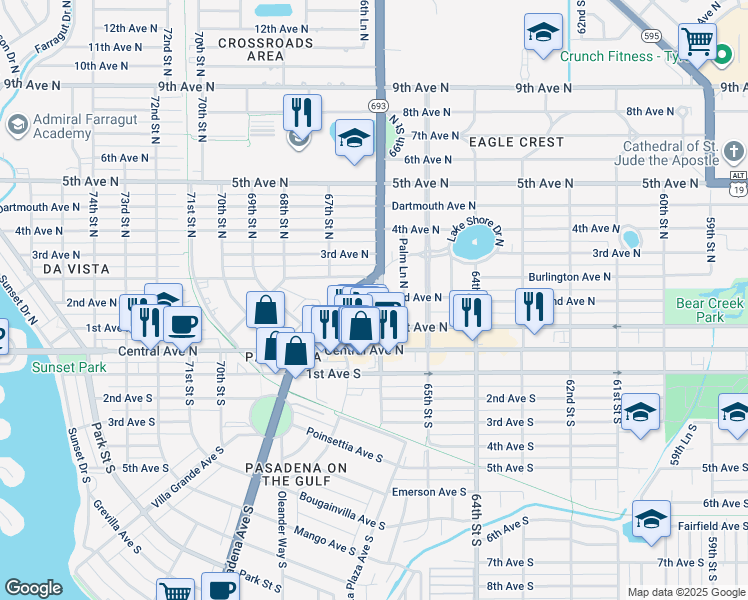 map of restaurants, bars, coffee shops, grocery stores, and more near 6562 2nd Avenue North in St. Petersburg