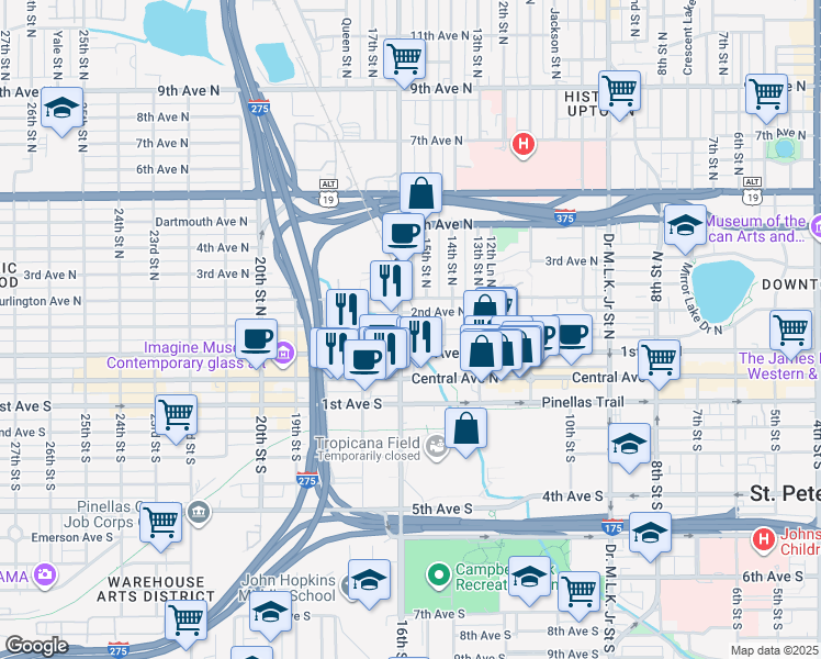 map of restaurants, bars, coffee shops, grocery stores, and more near 105 16th Street North in St. Petersburg