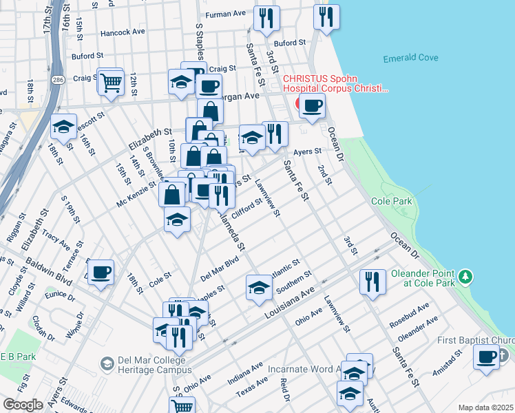 map of restaurants, bars, coffee shops, grocery stores, and more near 416 Cole Street in Corpus Christi