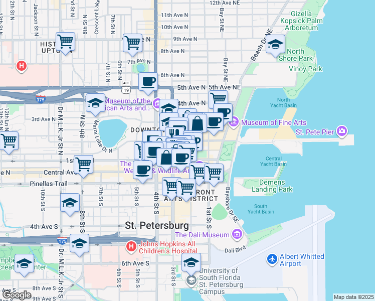 map of restaurants, bars, coffee shops, grocery stores, and more near 299 1st Avenue North in St. Petersburg