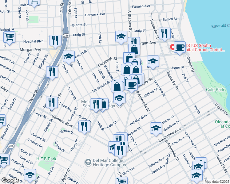 map of restaurants, bars, coffee shops, grocery stores, and more near 1645 14th Street in Corpus Christi