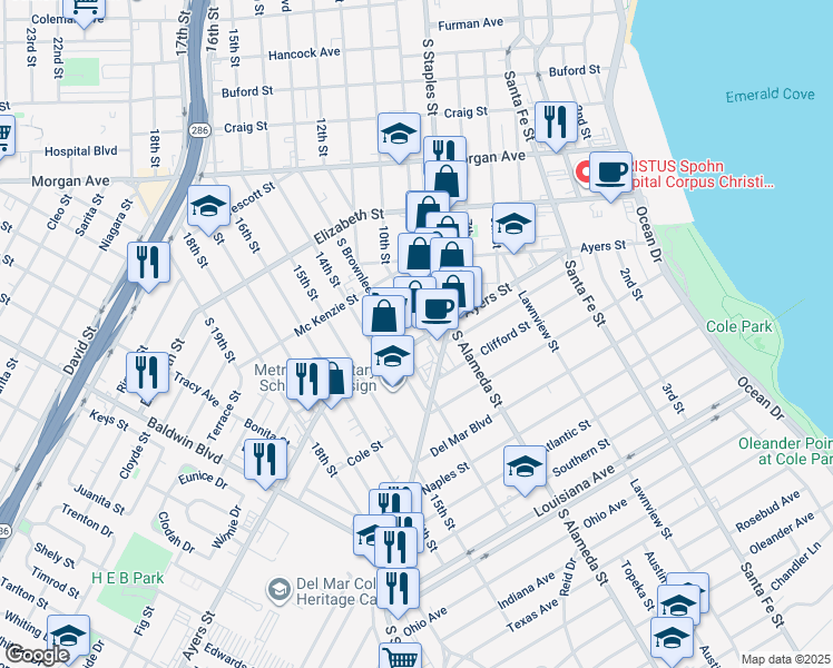 map of restaurants, bars, coffee shops, grocery stores, and more near 1308 Ayers Street in Corpus Christi