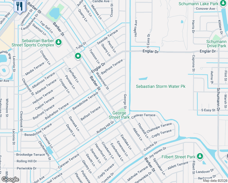 map of restaurants, bars, coffee shops, grocery stores, and more near 366 Breakwater Terrace in Sebastian