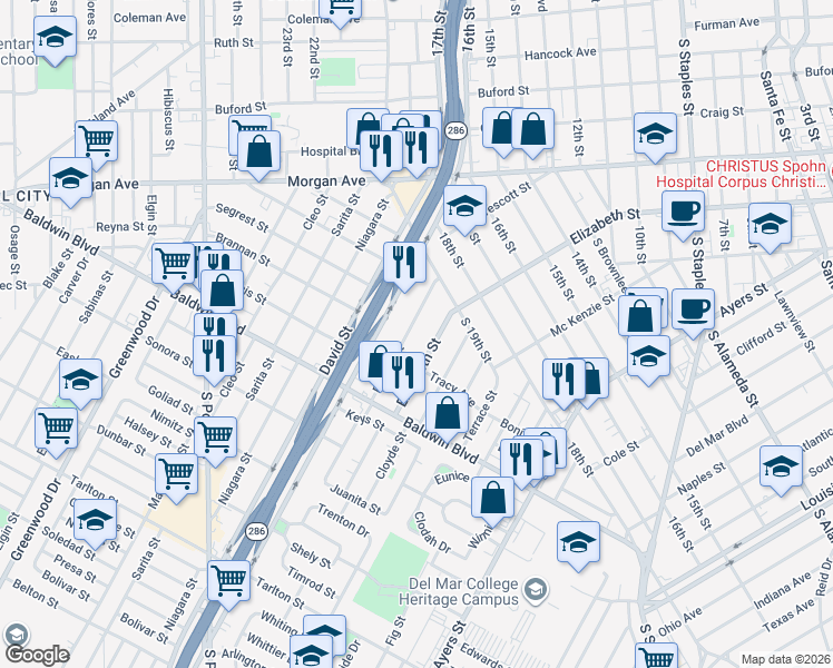 map of restaurants, bars, coffee shops, grocery stores, and more near 2421 Elizabeth Street in Corpus Christi