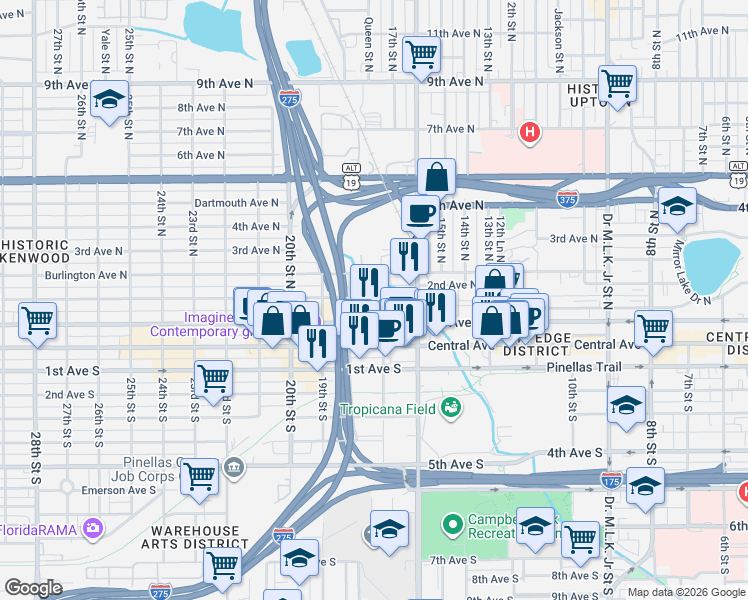 map of restaurants, bars, coffee shops, grocery stores, and more near 1710 2nd Avenue North in St. Petersburg