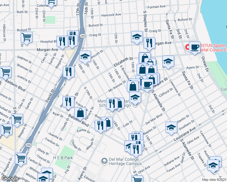 map of restaurants, bars, coffee shops, grocery stores, and more near 1913 Mc Kenzie Street in Corpus Christi