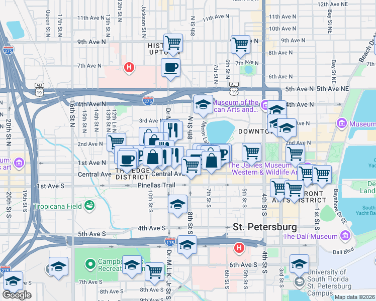 map of restaurants, bars, coffee shops, grocery stores, and more near 825 Arlington Avenue North in St. Petersburg