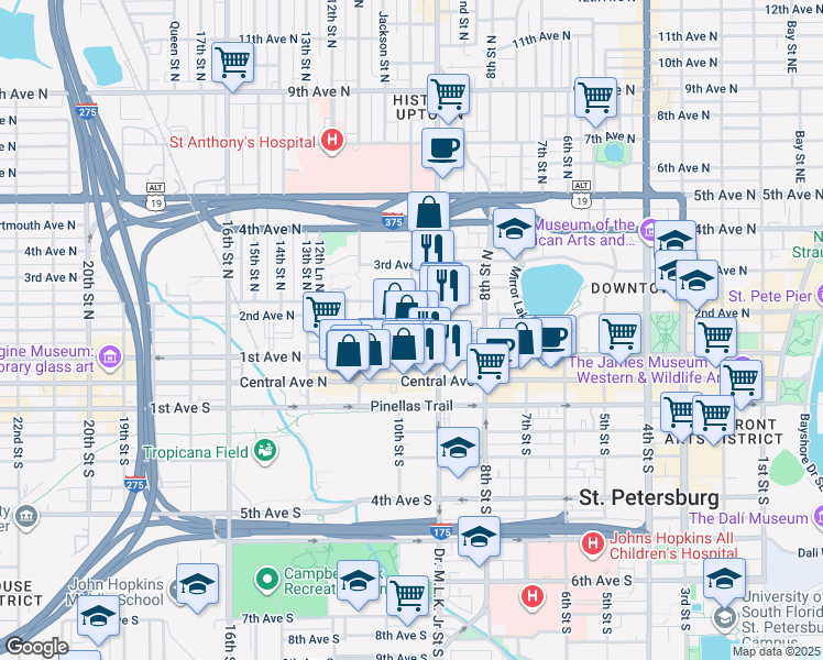 map of restaurants, bars, coffee shops, grocery stores, and more near 913 1st Avenue North in St. Petersburg