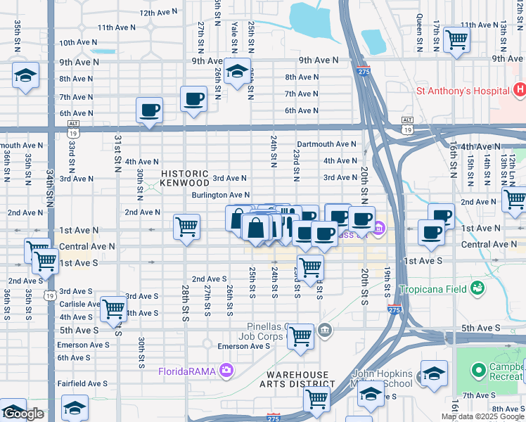 map of restaurants, bars, coffee shops, grocery stores, and more near 2426 2nd Avenue North in St. Petersburg