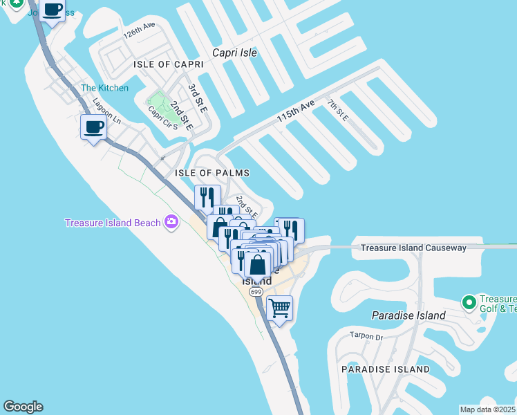 map of restaurants, bars, coffee shops, grocery stores, and more near 245 110th Avenue in Treasure Island