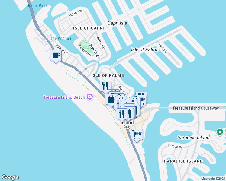 map of restaurants, bars, coffee shops, grocery stores, and more near 11165 Gulf Boulevard in Treasure Island
