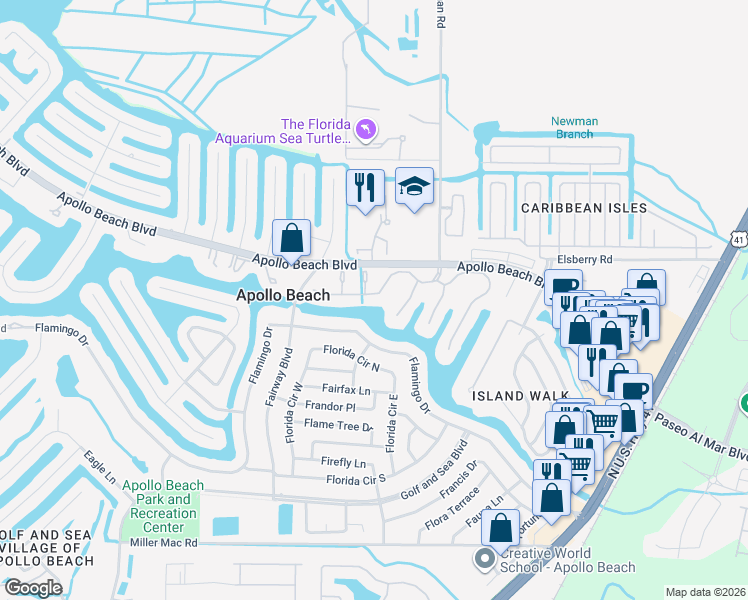 map of restaurants, bars, coffee shops, grocery stores, and more near 542 Bimini Bay Boulevard in Apollo Beach