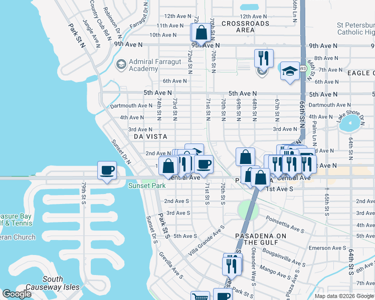 map of restaurants, bars, coffee shops, grocery stores, and more near 7208 2nd Avenue North in St. Petersburg