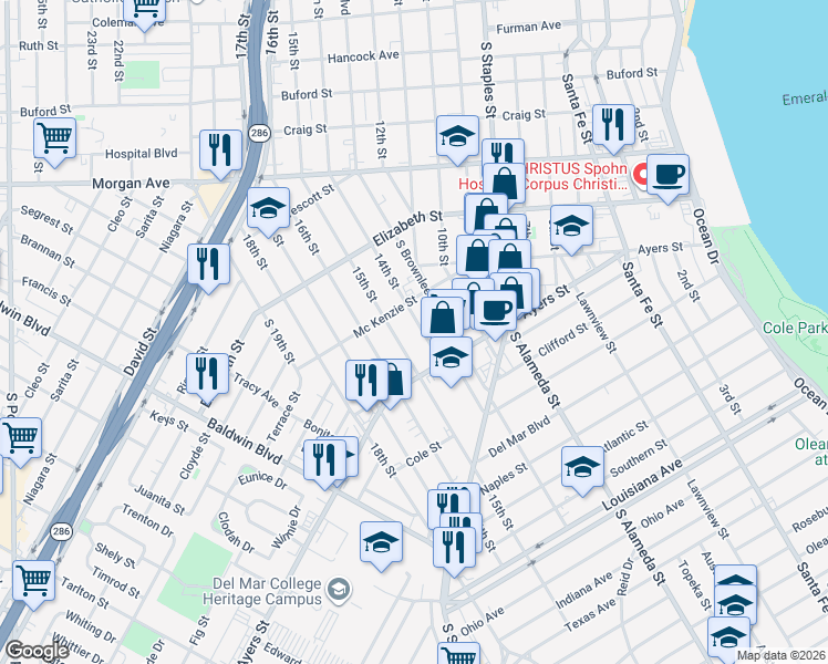 map of restaurants, bars, coffee shops, grocery stores, and more near 1645 14th Street in Corpus Christi