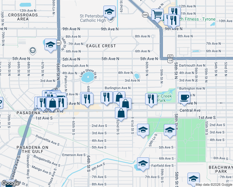 map of restaurants, bars, coffee shops, grocery stores, and more near 150 62nd Street North in St. Petersburg