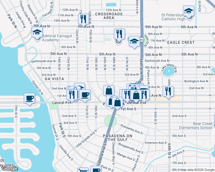 map of restaurants, bars, coffee shops, grocery stores, and more near 146 Orange Avenue North in St. Petersburg
