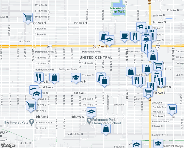 map of restaurants, bars, coffee shops, grocery stores, and more near 4129 2nd Avenue North in St. Petersburg