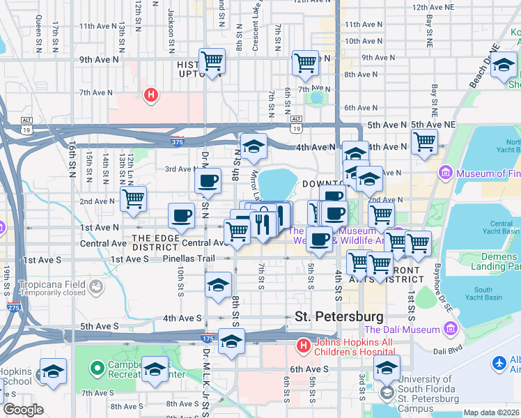 map of restaurants, bars, coffee shops, grocery stores, and more near 114 7th Street North in St. Petersburg