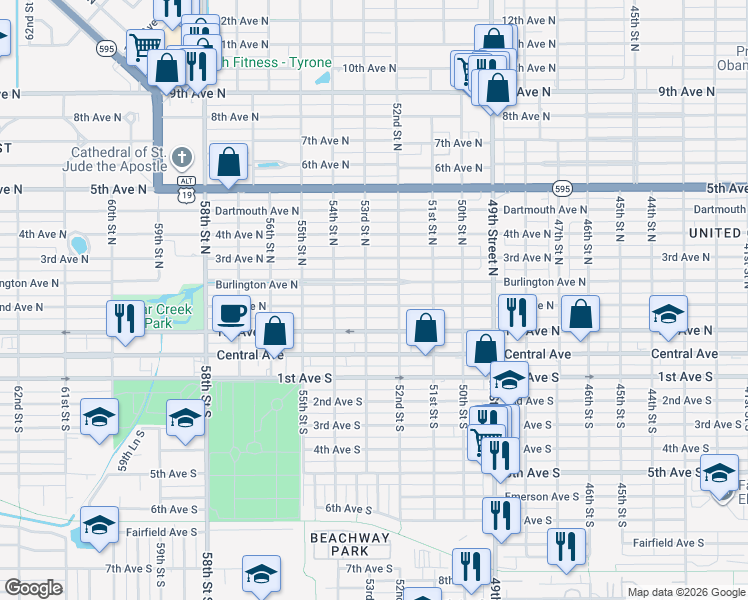 map of restaurants, bars, coffee shops, grocery stores, and more near 130 53rd Street South in St. Petersburg