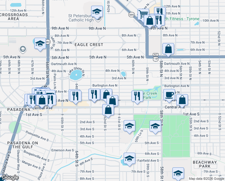 map of restaurants, bars, coffee shops, grocery stores, and more near 6132 2nd Avenue North in St. Petersburg