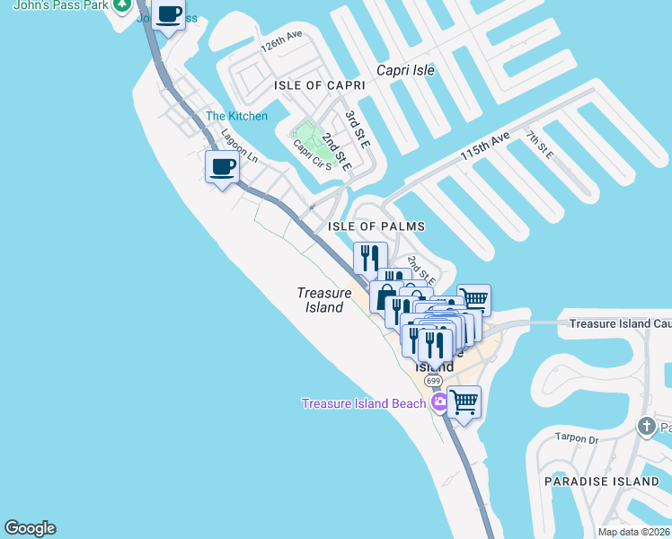 map of restaurants, bars, coffee shops, grocery stores, and more near in Treasure Island